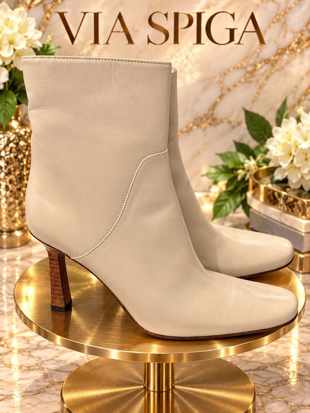 Via Spiga Ivory Cream Leather Ankle Boots Wood Heel Women’s 6M NIB